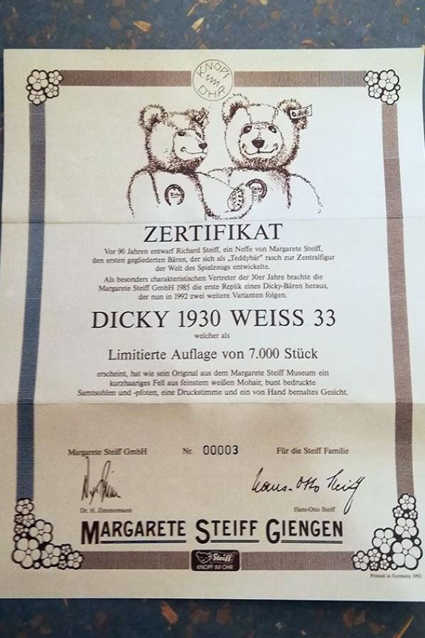 Zertifikat Steiff-Teddybär